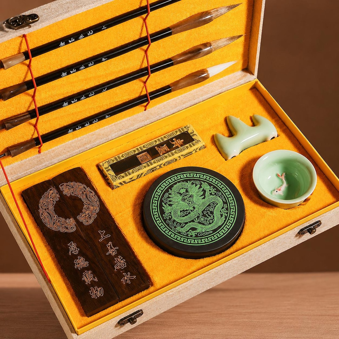 Chinese Calligraphy Set | Wenfang Sibao Scholar Kit, Inkstone, Brushes ...