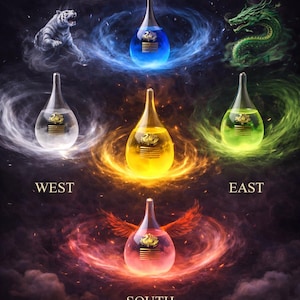 May include: A digital artwork showing six decorative glass bottles, each containing a different coloured liquid and design. The bottles are set against a backdrop of swirling energy and mythical creatures, with the words "WEST", "EAST", and "SOUTH".