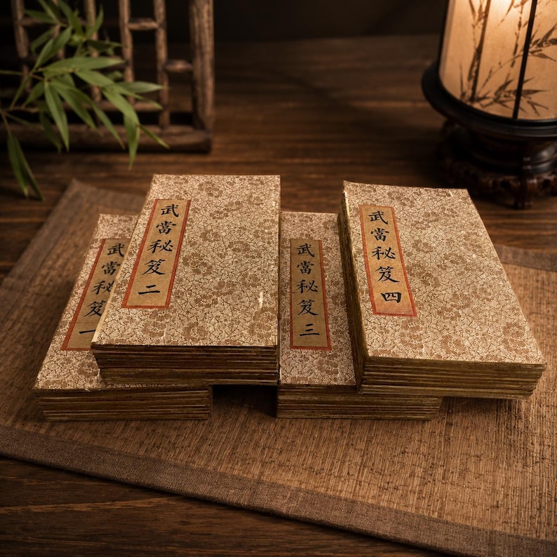 May include: A collection of antique books with beige covers and floral patterns. Each book has a rectangular label with Chinese characters. The books are stacked on a wooden surface, suggesting a historical or scholarly theme.