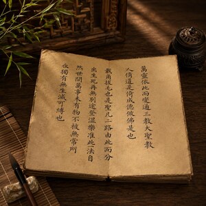 May include: An open book with aged, yellowed pages, featuring black calligraphy. A brush and inkwell sit nearby, suggesting a focus on traditional writing or calligraphy. The scene evokes a sense of history and learning.