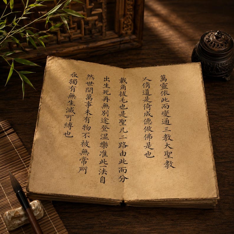 May include: An open book with aged, yellowed pages, featuring black calligraphy. A brush and inkwell sit nearby, suggesting a focus on traditional writing or calligraphy. The scene evokes a sense of history and learning.