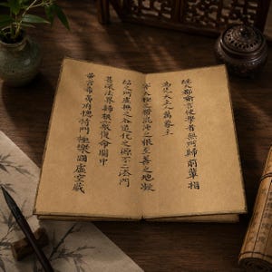 May include: An open, aged book with calligraphy in black ink. The pages are a warm, tan color, and the text is in a traditional East Asian script. A black calligraphy brush rests on the wooden surface, alongside a small vase and a decorative container.
