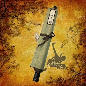 May include: An antique scroll with Chinese characters and a decorative pattern, tied with a brown ribbon. The scroll is set against a textured, sepia-toned background with illustrations of martial arts figures.