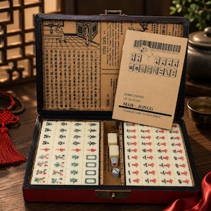 May include: A Mahjong set in an open wooden box with ivory tiles, dice, and instructions. The box is black with red trim and features Chinese characters and illustrations on the inside lid. The instruction booklet reads "Directions of Playing Mah-Jongg".