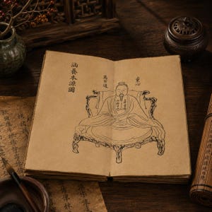 May include: An open, aged book with Chinese characters and a detailed illustration of a seated figure. The book is on a wooden surface, with a brush and inkwell visible. The image has a vintage aesthetic.