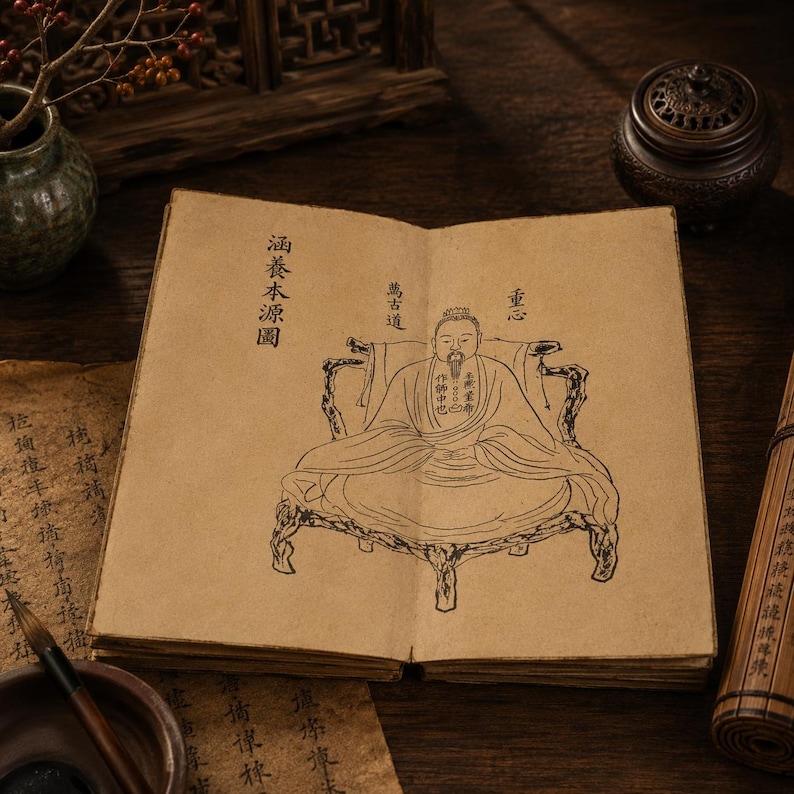 May include: An open, aged book with Chinese characters and a detailed illustration of a seated figure. The book is on a wooden surface, with a brush and inkwell visible. The image has a vintage aesthetic.