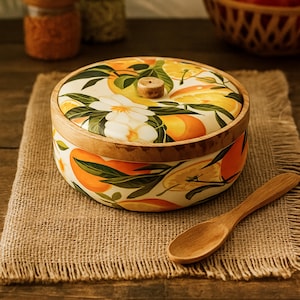 Handgemaakte houten stoofpot | Chapatidoos met deksel | Geïsoleerde Roti Server | Traditionele keukenopslag | Handgeschilderd serviesdecor