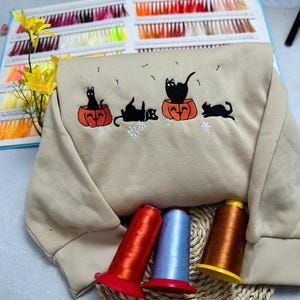 Embroidered Cat Pumpkin Sweatshirt: Halloween Crew Neck or Hoodie