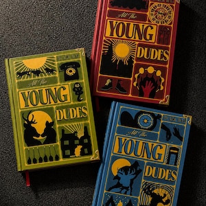 以下が含まれることがあります： Ms King Bean著のハードカバー本「All The Young Dudes」3冊。緑の本には動物と家のシルエット、赤の本には列車とブーツ、青の本にはコンパスとテントが描かれています。各本には金色のコーナー装飾が施されています。