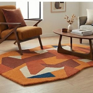 Abstract Wool Rug, Hand-Tufted Geometric Waves, Maximalist Tribal Patchwork Home Decor