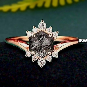 Natural black rutilated quartz gemstone 14k rose gold hexagon cut crown shaped art deco engagement bridal ring for women best christmas gift