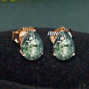 Natural moss agate gemstone pear cut 14k yellow gold studs for women bridal engagement stud earrings for her anniversary gift christmas gift