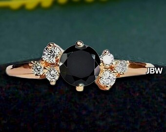 Natural black onyx gemstone 14k rose gold round cut art deco engagement bridal ring for women promise ring anniversary gift christmas gift