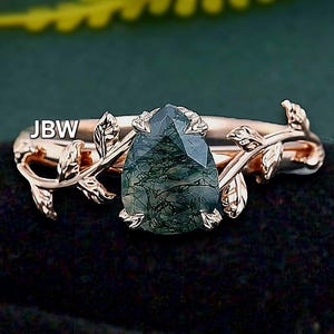 Natural Moss agate gemstone pear cut branch leaves 14k rose gold art deco bridal ring for women wedding ring anniversary gift christmas gift