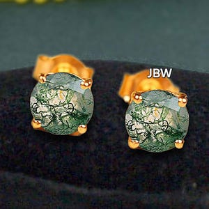 Natural moss agate gemstone round cut 14k yellow gold studs for women bridal engagement stud earring for her anniversary gift christmas gift