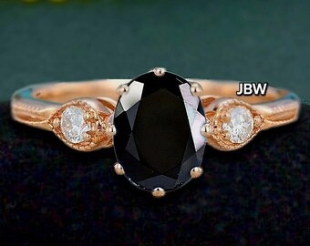 Natural black onyx gemstone 14k rose gold oval round cut art deco engagement bridal ring for women best anniversary gift best christmas gift