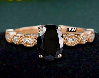 Natural black onyx gemstone 14k rose gold oval cut half eternity art deco bridal ring for her best anniversary gift best christmas gift idea