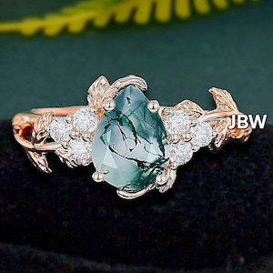 Natural Moss agate gemstone pear cut 14k rose gold art deco bridal ring for women leaves shaped wedding ring anniversary gift christmas gift