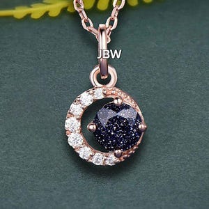 Round cut blue sandstone gemstone 14k rose gold moon shaped art deco pendant for women star stone pendant anniversary gift christmas gift