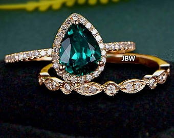 Emerald edelsteen 14k geelgouden peergeslepen art deco bruids belofte ring set voor vrouwen halve eeuwigheid band groene edelsteen ring kerstcadeau idee