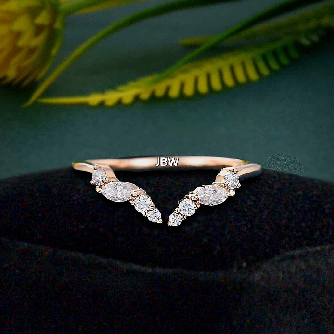 Marquise Cut Moissanite 14k Rose Gold Art Deco Bridal Curved Adjustable ...
