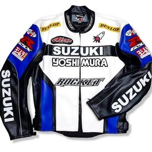 Handmade Suzuki GSX Rocket Racing Leather Jacket, YoshiMura, Dunlop, Stylish Biker Gear, High-Quality Sports Motorcycle Jacket for Men