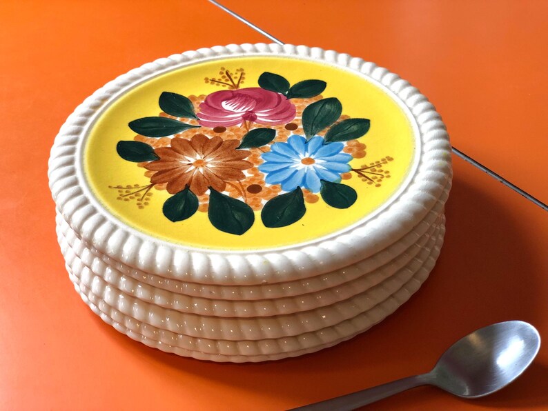 Lot De 6 Assiettes à Dessert Arcopal France - Motif Fleurs Dominante Jaune - 19,7 Cm