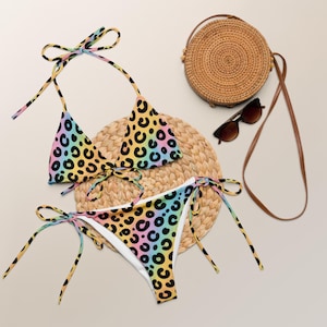 Rainbow Leopard Print Bikini Set, Recycled String Bikini for Women, 90s Neon Animal Print Swimwear, Colorful Festival Swimsuit