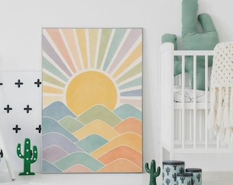 Watercolor Sunrise Mountain Print: Boho Pastel Rainbow Art (Digital Download