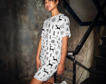 Tribal T-Shirt Dress – Black and White All-Over Print Oversized Tee Dress