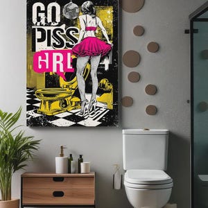 Edgy Pop Art Bathroom Poster: Go Piss Girl - Retro Feminist Decor
