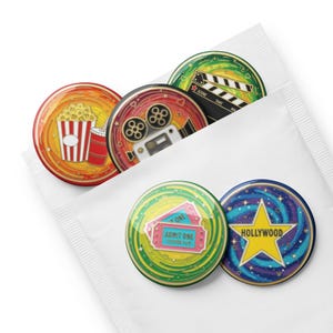 Cinema Pin Buttons Set: Hollywood, Camera, Popcorn - Glossy Tinplate