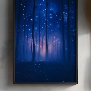 Enchanted Forest Firefly Art Print: Botanical Landscape Poster