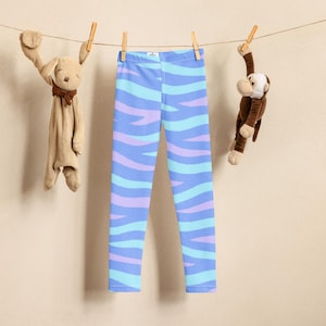 Pastel Zebra Print Kids’ Leggings – Blue and Purple Animal Pattern Pants – Fun Girls Playwear