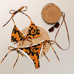 Fiery Baroque Print Bikini Set – Recycled String Bikini in Bold Black & Orange Swirl Pattern