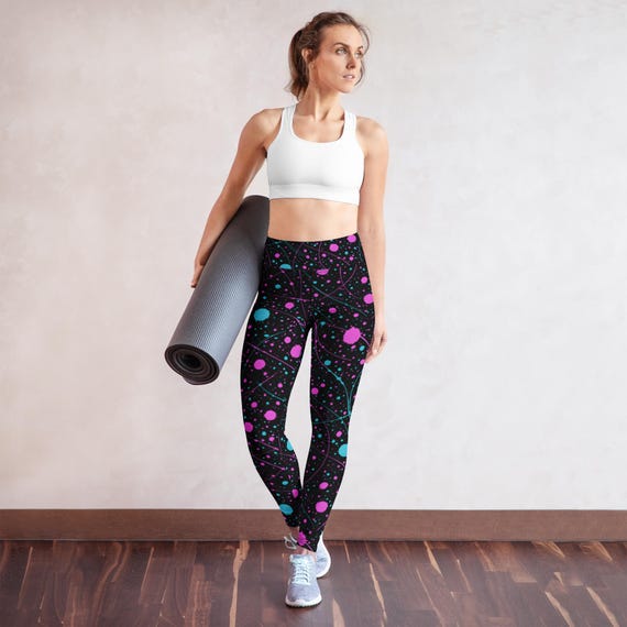 Neon Splatter Print Leggings: Pink Teal Graffiti Yoga Pants