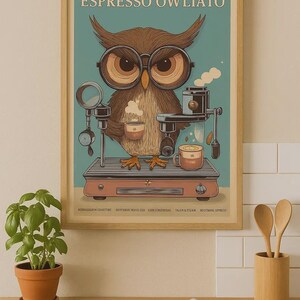 Espresso Owl Barista Art Print: Funny Coffee Poster for Kitchen or Cafe