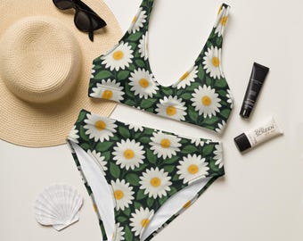 Recycled high-waisted bikini with Daisies Design