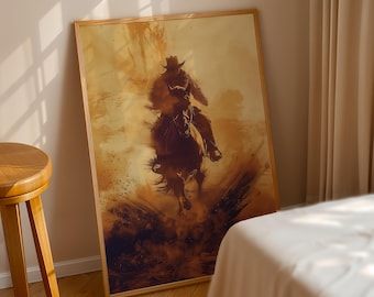 Western Cowboy Horse Rider Art Print, Rustic Desert Decor (Digital Download)