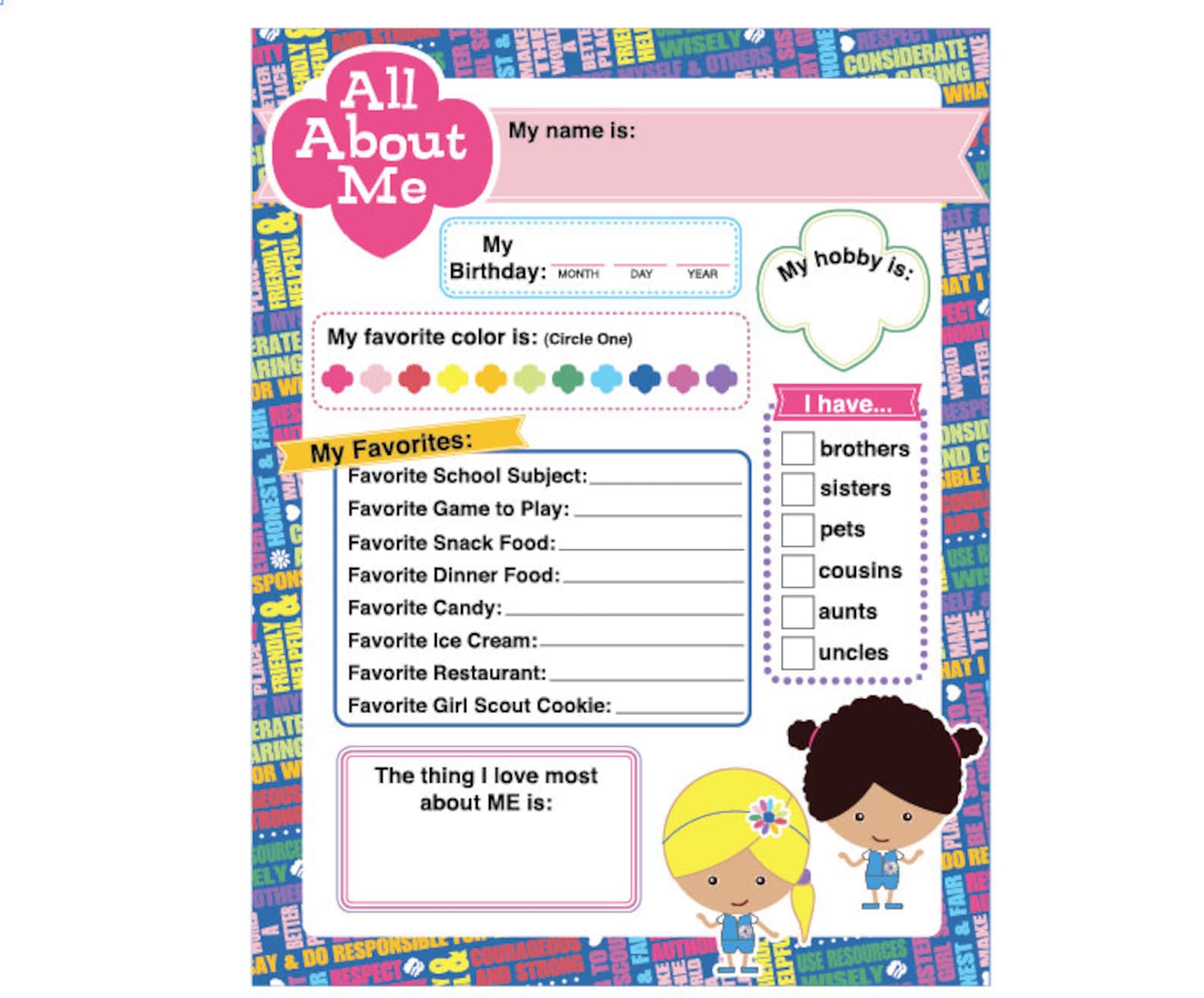 Daisy Girl Scout Activity - All About Me - Printable Instant Download ...