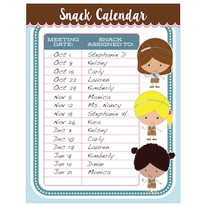 Brownie Girl Scout Snack Calendar - Editable Printable - Instant Download