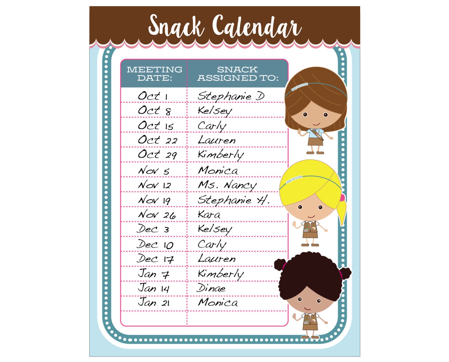 Brownie Girl Scout Snack Calendar Editable Printable Instant Download