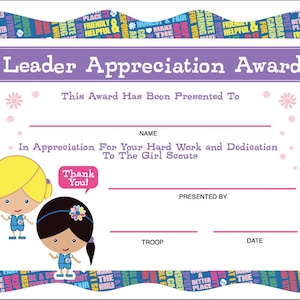 Daisy Girl Scouts Leader Appreciation Award - Printable Instant Download