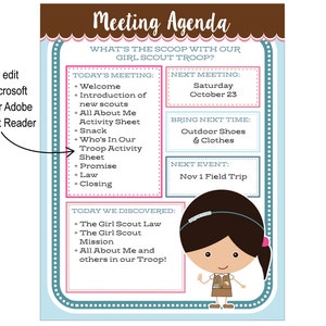 Brownie Girl Scout Meeting Agenda Editable Printable Instant Download image 2