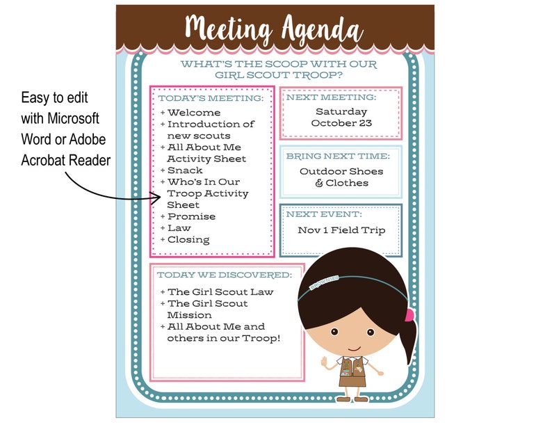 Brownie Girl Scout Meeting Agenda Editable Printable Instant Download image 2