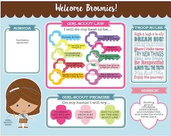 May include: A colorful poster with the title "Welcome Brownies!" and a cartoon girl scout. The poster includes the Girl Scout Law, Promise, and Troop Rules. The Girl Scout Law is presented as a series of key-shaped icons with phrases like "Honest & Fair", "Respect Myself & Others", and "Be a Sister to Every Girl Scout". The Girl Scout Promise is presented as three flower-shaped icons with phrases like "To Serve God and My Country", "To Help People at All Times", and "And to Live by the Girl Scout Law". The Troop Rules are presented as a series of phrases like "Giggle & laugh & be silly", "Dream Big!", "Use Kind Words, Ignore Mean Ones", "Share & take turns", "Try New Things", "Make new friends", "Be Respectful", "Always Tell the Truth", "Help Each Other", and "Enjoy the journey!"