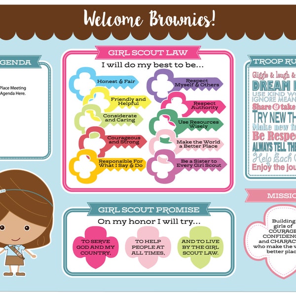 Brownie Girl Scout Promise & Law Meeting Board - Printable Instant Download