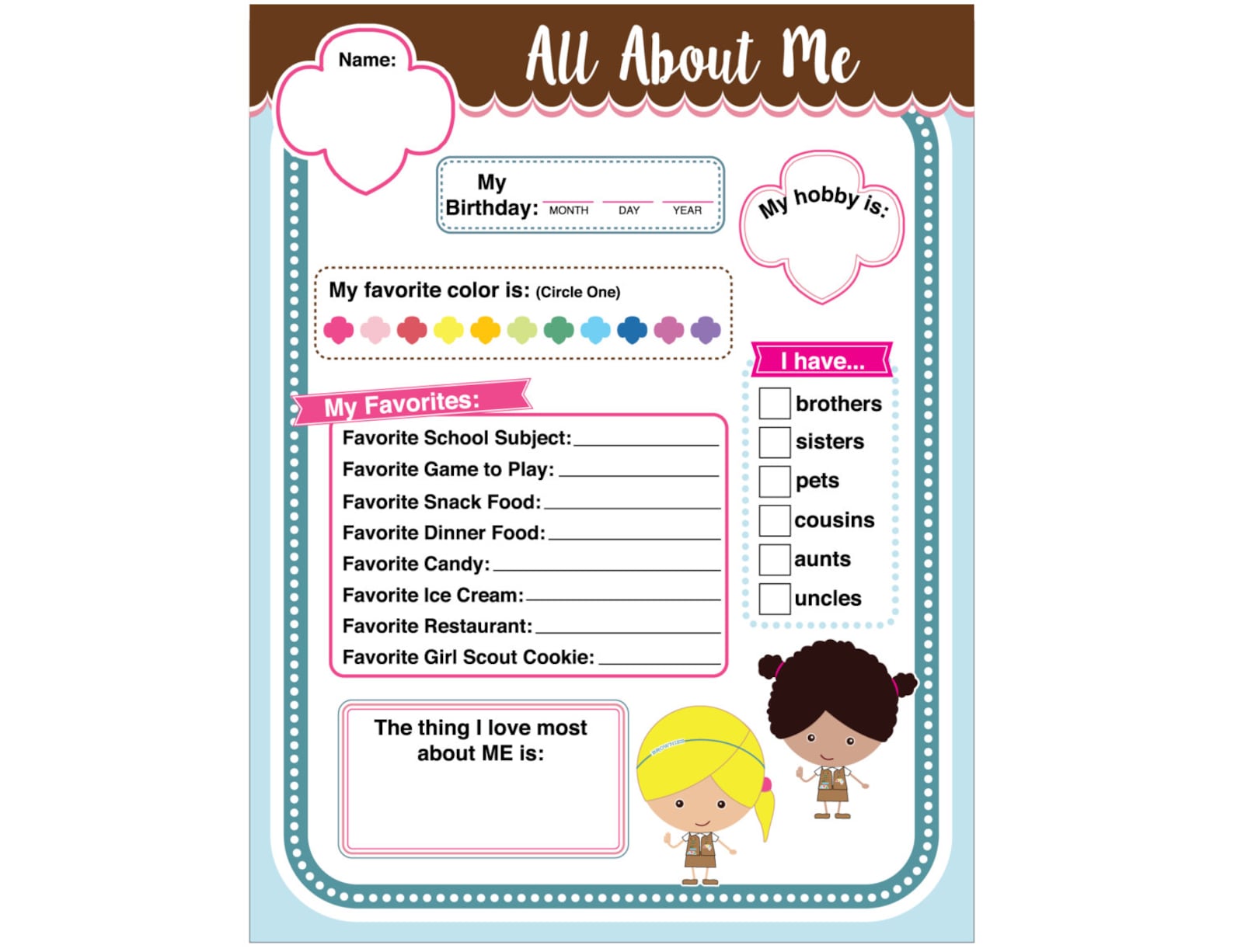 Brownie Girl Scout Activity All About Me Printable Instant Download - Etsy