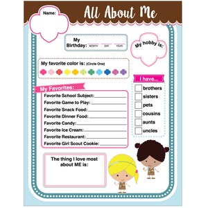 Brownie Girl Scout Activity - All About Me - Printable Instant Download