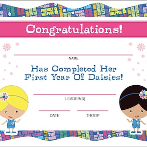 Daisy Girl Scouts First Year Completion Certificate - Instant Download